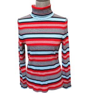 TOMMY HILFIGER Womens Blue Striped Long Sleeve Turtle Neck Top Size: L